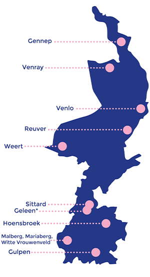 flat-icon van provincie Limburg met aangegeven steden en dorpen waar spreekuren plaatsvinden